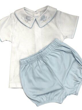 Auraluz Knit Diaper Set, Blue & White with Shadow Embroidered Elephants